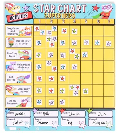 Fiesta Crafts Superhero Star Reward Chart - Magnetic Chore Board for Kids & Toddlers - Colour-Coded & Tracks Up to 4 Children to Encourage Good Behaviour - 200+ Stars, 19 Activity Suggestions, & Pen