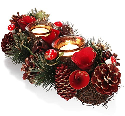 COM-FOUR® Portavelas - Portavelas Decorativo para Navidad y otoño - Portavelas con Materiales Naturales - Artesanía (Arreglo de adviento Flor roja - 2 Velas)