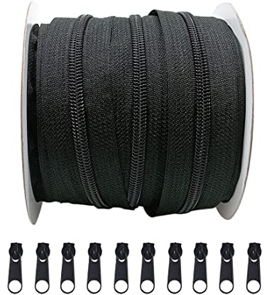 25 m Cremallera continua de nailon de malla #3, con 10 deslizadores libres deslizantes de metal, asas de metal, para ropa, tela, costura, trabajos manuales, tienda, negro,