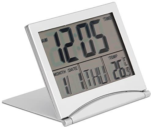 Uadme Kleine Digitaler Reisewecker, Tragbare Mini-LCD-Display-Uhr mit Hintergrundbeleuchtung Kalender Temperatur-Snooze Faltbare batteriebetriebene Tischuhr für Kinderzimmer Reisen Heimbüro