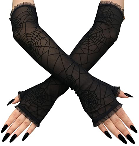 COSFAN Spindelnät spetshandskar, punk fingerlösa handskar, fingerlösa häxhandskar, näthandskar för halloween cosplay kostym, Med paljetter, en storlek