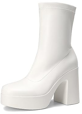 DREAM PAIRS Women's Platform Gogo Ankle Boots High Chunky Block Heel Square Toe Booties Shoes,Size 9.5,White,SDAB2310W