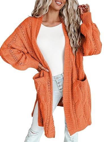 Dokotoo Cardigans for Ladies Open Front Lantern Sleeve Lightweight 2025 Side Split Fall Twisted Knit Sweater Coats with Pockets for Summer,Orange X-Large