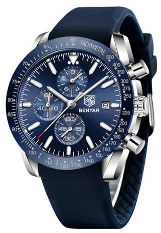 BENYAR by Herren Business Analoger Chronograph Quarzuhr 30M Wasserdicht Leuchtende Datumsanzeige Modische Freizeituhr Sport Multifunktions Lederuhr. (Gummi Silber Blau)