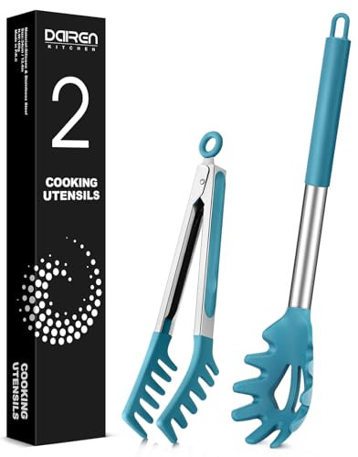 Cuillère à spaghetti et pince à pâtes, cuillère en silicone antiadhésive, fourchette avec dents et poignée en acier inoxydable, pince à spaghetti, pince alimentaire pour spaghetti et nouilles (bleu)