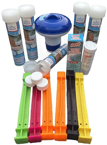 Happy Splash Pack, 50 x Chlorine Tablets 20g (1kg), Floating Dispenser, 50 Test Strips, 6 Dive Sticks. Great for swimming pools, inflatable hot tubs and ice baths.