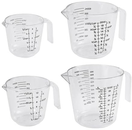 Ksvaye Lot de 4 Verre Doseur Cuisine Verre Mesureur Cuisine 150/300/600/1000ml Transparent Verre Doseur Plastique avec Poignée Ergonomique pour Cuisine et Laboratoire