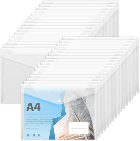 Smarpau Plastic Wallets A4, 32 Pack A4 Folders Document Wallets Plastic Envelopes File Folders with Popper and Label Pocket for School, Office, Travel (Transparent)