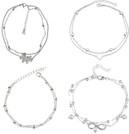 Syylqyr 4PCS Ankle Bracelets for Women, Silver Anklets, Women's Anklets Silver Ankle Bracelet,Beach Anklet,Ankle Chains，for Casual or Formal Wear
