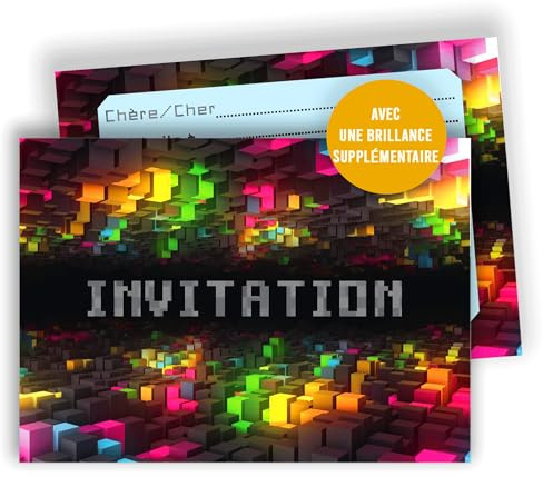 Edition Colibri – Cartes d’invitation anniversaire enfant thème pixels – Lot de 10 cartes à remplir – A6 – Style jeu vidéo pour filles et garçons
