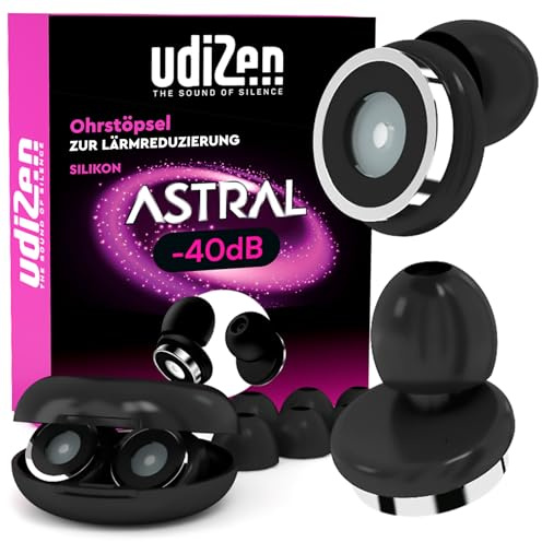 Bouchons d'oreilles Antibruit pour Voyager Dormir Étudier UdiZen -40dB Astral - 1 Paire de Bouchons Ergonomiques Réutilisables Réduction du Bruit SNR 40dB Protection Auditive Couleur Noire avec Étui