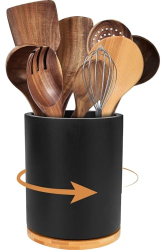Eyoulife Utensilienhalter Küche Drehbar 360° 18 cm Küchenutensilienhalter Drehbar Behälter Küchenutensilien Holz für Küchenutensilien Geschirr Stifte (Schwarz)