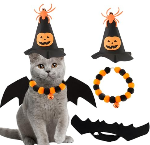 EIHI Suministros para fiestas de Halloween para gatos, gatitos, sombreros, alas de murciélago, collares, decoraciones de Halloween, accesorios para fiestas, trajes para gatitos