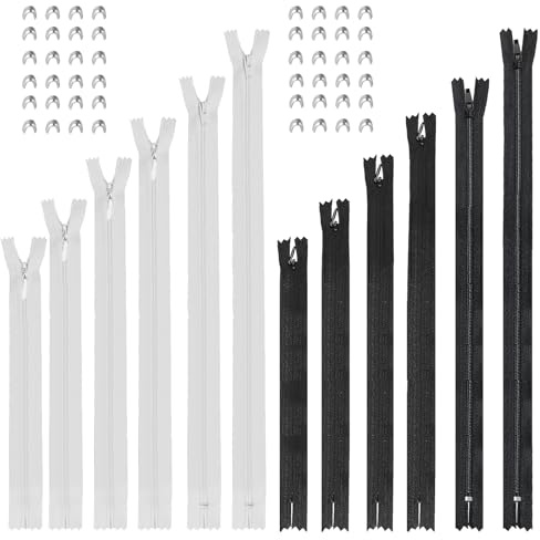 24 Reißverschluss Zipper, Endlosreißverschluss mit Zipper, weiß schwarz Nylon Reißverschluss & unsichtbare Reissverschluss für Bettwäsche Kleidung Tasche + 48 Zippers (20/30/40/60/80/100 cm)