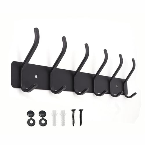 AJLTPA Hakenleiste Kleiderhaken Wand mit 6 Haken, Garderobenhaken Metall, Garderobe Garderobenleiste Wandgarderobe für Schlafzimmer Bad Küche (Schwarz, 6 Haken)