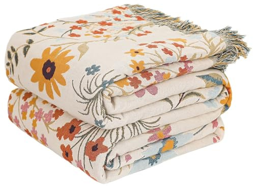 HOORDRY Coperta e copriletto in cotone di alta qualità, stile bohémien, grande 2 o 3 posti, per letto, divano e decorazione della casa, copriletto jacquard matrimoniale, fiori primaverili vivaci, 150