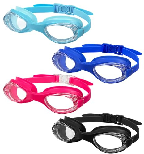 4Pcs Kids Swimming Goggles, Anti-Fog Swim Goggles for Children, Leak-Proof Adjustable Silicone Goggles, Wide Clear View for Swimming Lessons and Training Sessions (Black, Navy Blue, Rose Red, Lake Blu