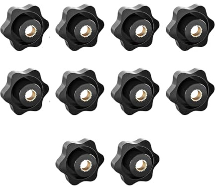 10 tuercas M10 con mango de estrella, orificio pasante, mango de estrella de 38 mm de diámetro con núcleo de cobre, tornillo moleteado, rosca interior, botón de sujeción negro, para maquinaria