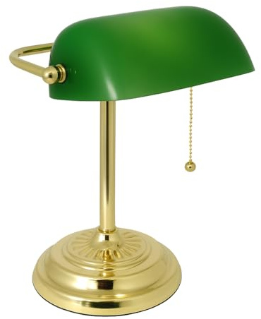LIGHTACCENTS Traditional Banker’s Desk Lamp with Green Glass Shade and Brass Base – Classic Desk Lamp with Pull Chain, Office Lighting, Vintage Style Reading Light