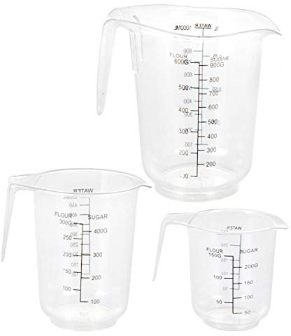 Messbecher Set aus Kunststoff - 3-teilig - Messkanne in 250 ml, 500 ml und 1000 ml - in einander stapelbar und spülmaschinenfest