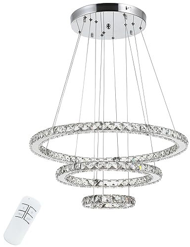 HOMCOM Lámpara de Araña de Cristal Moderna Lámpara Colgante LED 40W con 3 Anillos Ángulo Ajustable y Control Remoto 4000K Luz Blanco para Salón Comedor Ø60x110 cm