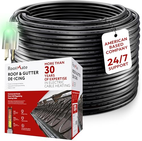 WARMBRIDGE INC RoofMate Self-Regulating Roof Heating Cable & Gutter Heat Tape – 24-Feet De-Icing Cable with 10-ft Cold Lead for Roof & Gutter Snow Melt, Ice Dam Prevention, 120V, 7 Watts/Ft (24-Feet)