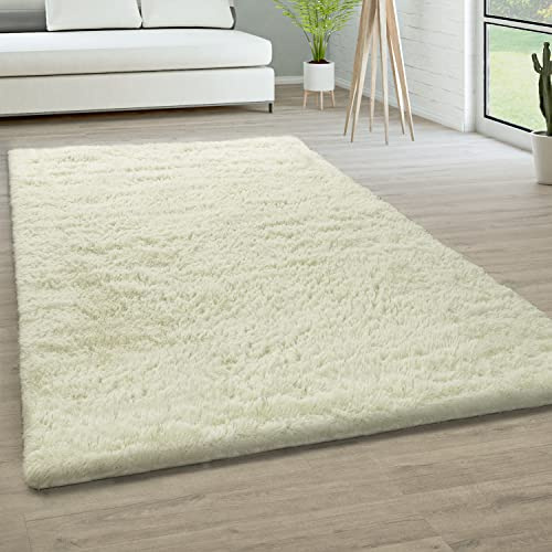 Paco Home Hochflor Teppich Wohnzimmer rutschfest Fellteppich Shaggy Flauschig Weich Modern Kunstfell Fell Imitat Einfarbig, Grösse:160x220 cm, Farbe:Weiß