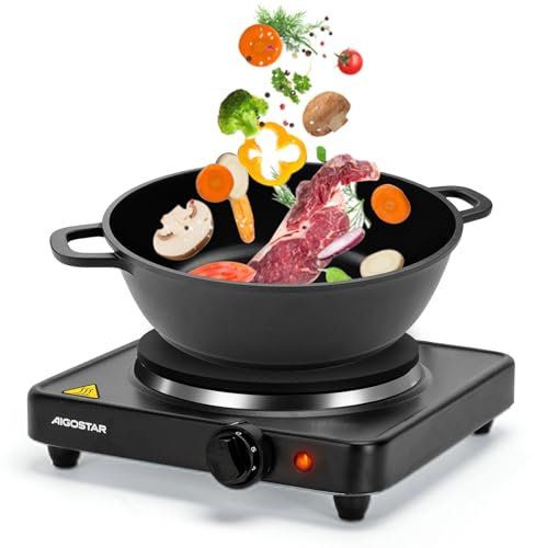 Aigostar 1500W Hot Plate, Portable Hob for Table-Top Cooking, Electric Hotplate with Variable Heat Settings, Overheat Protection，Cast Iron, Black - Gem 30A44