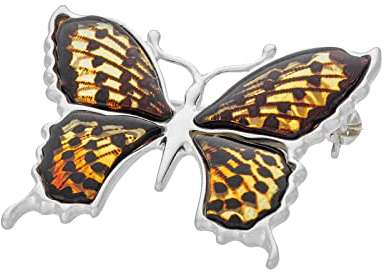 Broche de mariposa de plata para mujer, reina española con ámbar, ámbar báltico en color cereza, plata de ley 925 pulida, set de regalo, Plata esterlina, Ámbar