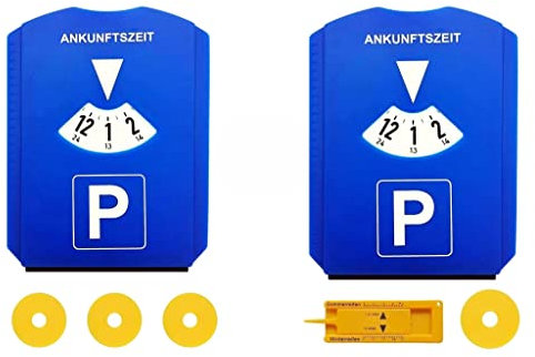 FLY DESIGN 2X Parkscheibe für Auto und LKW mit Eiskratzer, Gummilippe, Einkaufswagenchip, Reifenprofilmesser | Parking Disc aus Kunststoff