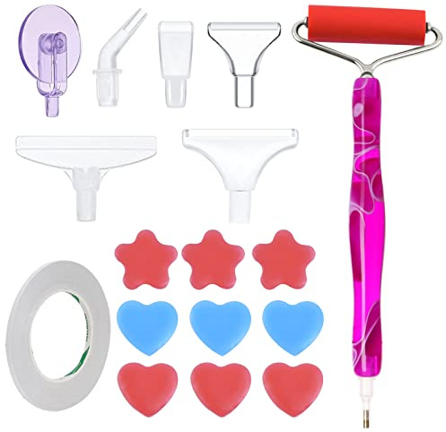 19pcs Diamond Painting Pen Kit,Diamond Art Pens DIY 5D Resin Diamond Painting Pen Diamond Paint Accessories Diamond Painting Tools Pen with Diamond Art Tools Roller,Tips,Wheel,Glue Clay（Rose Red）
