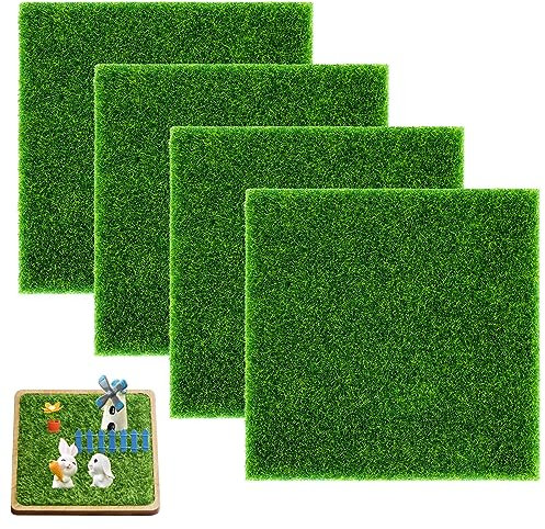 4 Stück Miniaturgarten Kunstrasen Teppich Künstliche Moos 15x15 cm Kunstrasen Kunstrasen Künstliche Rasen Matte Miniatur Garten Deko für den Innen und Außenbereich Mikrolandschaft Terrasse