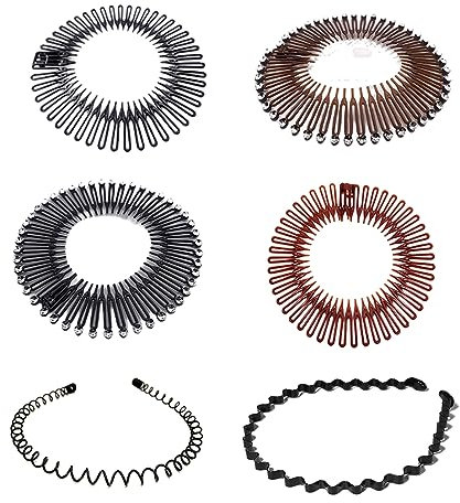 LJFEA 6 Stück dehnbarer Kamm mit Metallbändern, Zickzack-Band, rund, elastisch, Kunststoff, Anti-Bruch, flexibles Band, Sport-Stirnband für Frauen, Mädchen