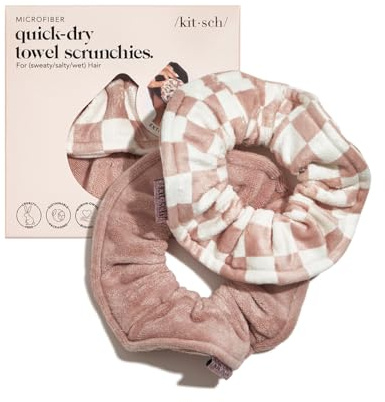 Kitsch Microfiber Hair Towel Scrunchie - Soft Large Scrunchies for Women - Scrunchies for Thick Hair - Highly Absorbent Towels | Ideal Gifts for Women - 2 pcs (Terracotta, Checkered)