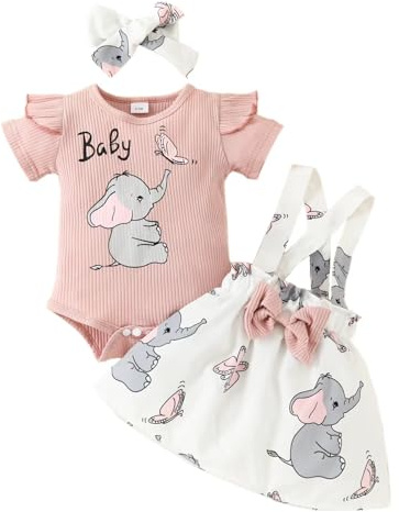 Loalirando Infant Newborn Girl Elephant Outfits 3Pc Romper Bunny Crab Suspender Skirt Set Headband Summer Fall Cute Clothes (Pink, 3-6 Months)
