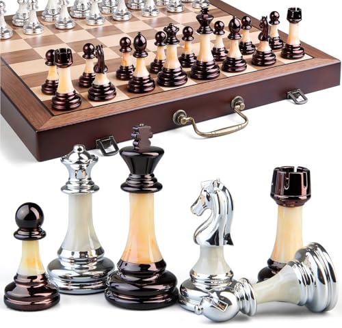 Deluxe Chess Set 16.5'' Wooden Large Folding Chess Board Game with Handle, Weighted Acrylic Chess Pieces - 3.5 King with Storage Slots for Beginners, Professional Players
