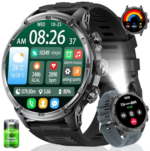 HIRREO Montre Connectée Homme, Smartwatch Homme LED Lampe 1,85'' Écran HD Longue Autonomie, Montre Intelligente Santé Cardiaque Sommeil Tension Artérielle 120+ Modes Sportifs
