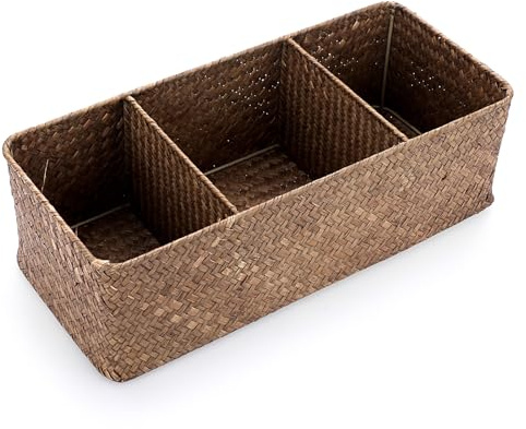 OLegei Panier de rangement en osier panier d’étagère corbeille tressé boîte de rangement avec 3 compartiments organisateur de table pour comptoir, bureau, étagère (café)
