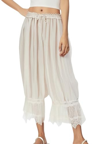 TUWIXIUW Pantalon cropped en dentelle pour femme - Pantalon bouffant long avec bordure évasée en dentelle - Pantalon vintage Cri-Bloomer, S
