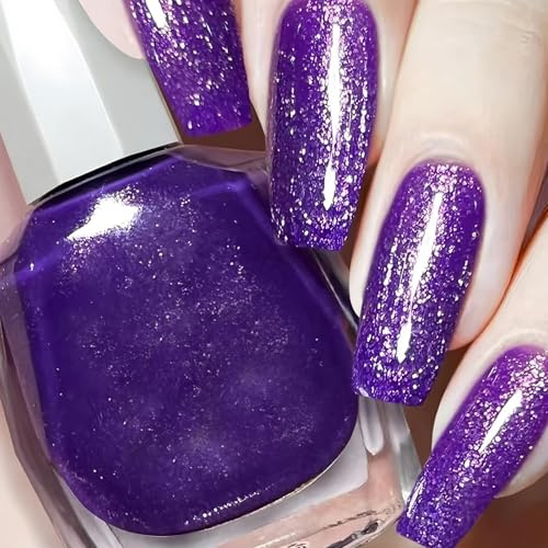 Deep Purple Glitter Nail Polish with Fine Silver Sparkles - High Shine, Quick Dry, Long Lasting Varnish for Square & Medium Length Nails, Ideal for Party, Festival & Daily Wear