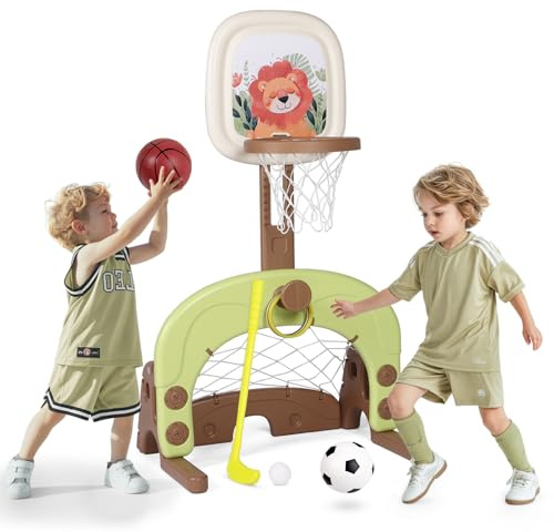 Hello-5ive Basketball Hoop Set, 4-in-1 Kids Basketball Hoop Stand Easy Score, Adjustable Basketball Stand with Basketball, Football,Golf, Goal, Ring Toss, Indoor Outdoor for Boys Girls Age 2+