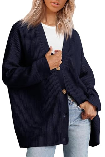 Gilet Femme Chic Et Elegant Cardigan Femme Grande Taille Col en V Hiver Cardigan Tricot Casual Pas Cher Gilet Manches Longues Ouvert Couleur Unie Blouson Pull avec Boutons Bleu foncé XL