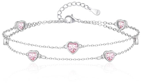 Tusuzik Bracciale Donna Argento 925 Con Cuore Doppia Catena Regolabile braccialetti Gioielli pietra natale braccialetti Cuore Regalo Donna Compleanno per Moglie Mamma Fidanzata Amica(Rosa)