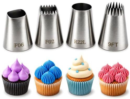4 Pack Stainless Steel Seamless Piping Icing Tips FO2 FO6 9FT R22L, Large Piping Nozzle, Cake Decorating Tools for Cupcake Baker