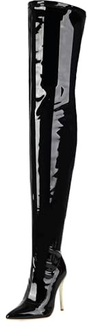 XINXINIO Botas por encima de la rodilla - Tacón puntiagudo de 11 cm - Charol brillante - Forro suave para fiesta, Negro , 40 EU