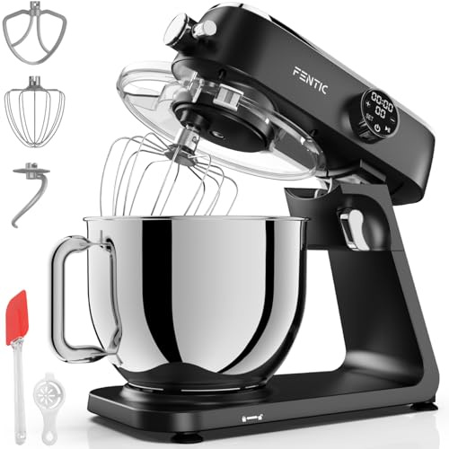 Fentic Impastatrice Planetaria 1800W, Ciotola Inox 7L, Robot da cucina per pane e pizza, Movimento planetario, 10 velocità con timer, Gancio impastatore, Frusta piatta, Frusta a filo & Paraspruzzi