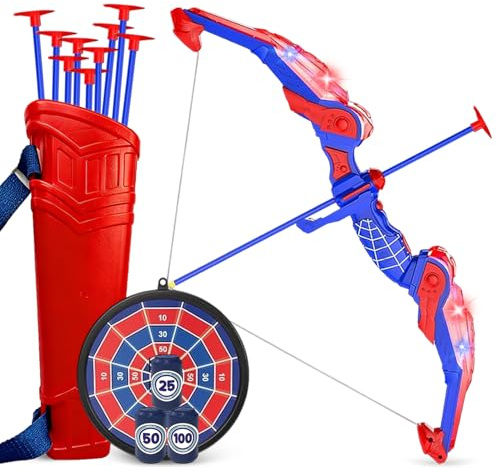 Pfeil und Bogen Kinder ab 4 5 6 7 8 9 Jahre, Bogenschießen Kinderspielzeug mit Rot & Blau LED Lichtern, Köcher, Hängeziel, 10 Pfeilen, Outdoor Gartenspielzeug Geschenk Junge 3-12 Jahre Geschenkideen