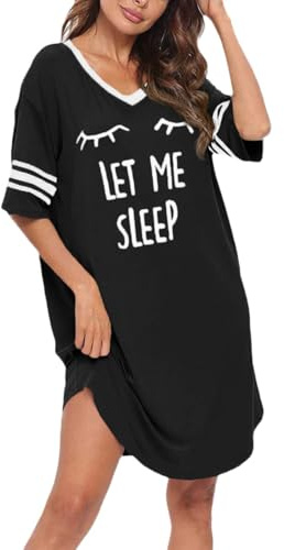 Cicy Bell Camicia da notte da donna con scollo a V, oversize, in cotone, con scollo rotondo, stampa a righe, Nero , M