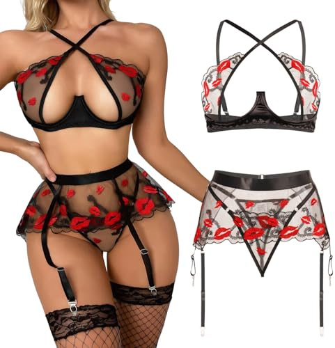 Gatamiau Women's Sexy Lip Embroidery Lingerie Set See Through Underwire Bra + Mini Dress with Suspender + Thong, Sheer Mesh Push-up Bra Underwear Set Ladies Babydoll Naughty Lingerie