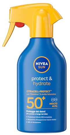 NIVEA SUN Protect & Hydrate Spray Solare SPF 50+ 250 ml, Crema solare 50 spray idratante 48h ad assorbimento rapido, Protezione solare 50+ resistente all'acqua con Vitamina C e Acido Ialuronico